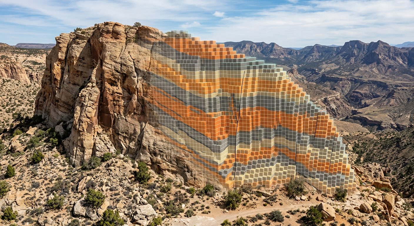Rock outcrop transitioning into 3D geocellular geomodel for reservoir characterization